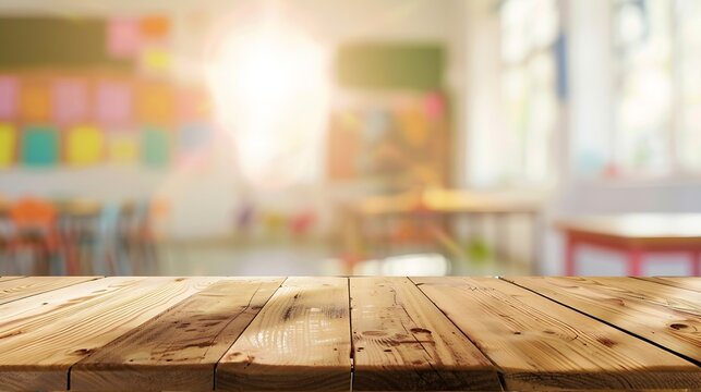 Blank wooden table top on blurred schoolchild room interior background : Generative AI