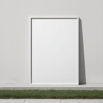 Maqueta de marco con fondo blanco en jardín. Maqueta de cartel de bienvenida en exterior. Maqueta de marco blanco  vertical para posters, carteles, pinturas, ilustraciones