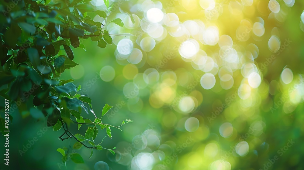 Poster blurred green bokeh natural tree in parks with bight sunlight : generative ai