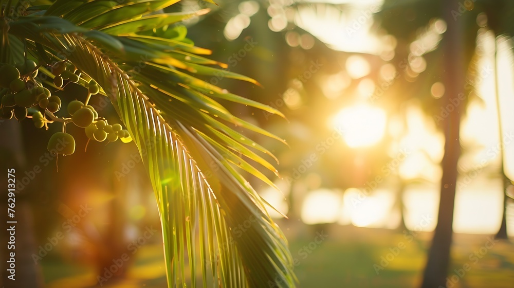 Poster blur nature bokeh green park by beach and tropical coconut trees in sunset time : generative ai