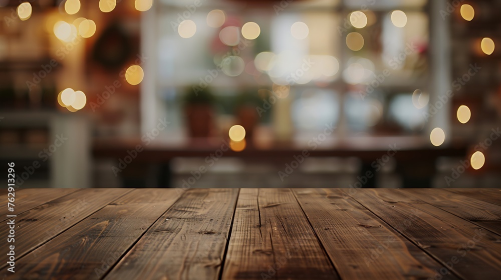 Poster The empty wooden brown table top with blur background of home room in winter Exuberant image : Generative AI