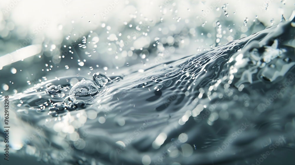 Poster Blurred desaturated transparent clear calm water surface texture with splashes and bubbles Trendy abstract nature background Whitegrey water waves in sunlight : Generative AI