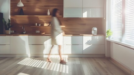 Stylish kitchen interior of modern apartment with motion blurred female person walking inside Interior made in white and beige tones with wooden kitchen front and floor : Generative AI