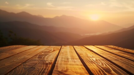 Fototapeta na wymiar Wooden table on blur mountain morning or evening view landscape Warm feeling in orange or brown tones : Generative AI