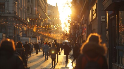 Blurred main street of a large Ukrainian city at sunset golden hour in winter with bright sun crowd of people walking down the street shops city center : Generative AI
