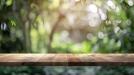 Wood table top on blur abstract green from garden in the morning backgroundFor montage product...