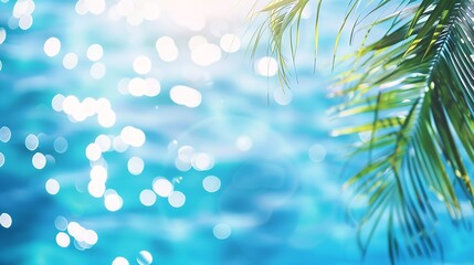 Blur summer background for resort hotel pool party with blue cool sky and tropical palm tree :...