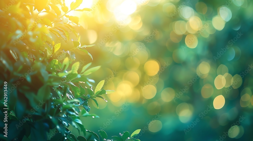 Aufkleber Beautiful Nature defocused bokeh green background texture Blurred crown trees in garden closeup Natural spring backdrop With Copy Space for design : Generative AI