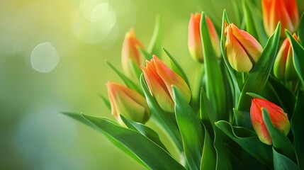 Close up buds of tulips with fresh green leaves at blur green background with copy space Hollands tulip bloom in an orangery spring season Floral wallpaper banner for floristry shop Fl : Generative AI - obrazy, fototapety, plakaty