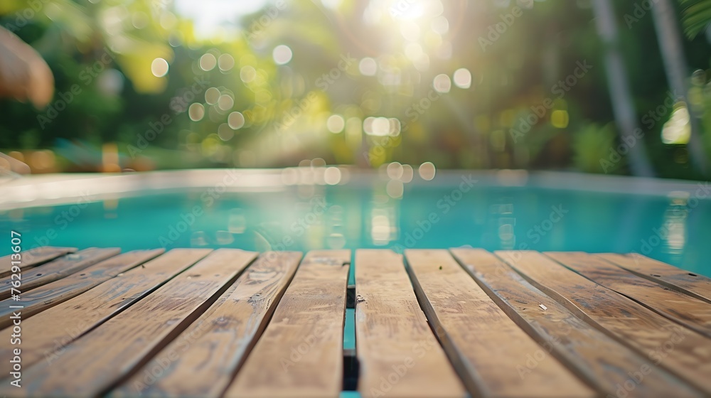 Poster Empty table top and blurred swimming pool in tropical resort in summer for display or montage your products : Generative AI