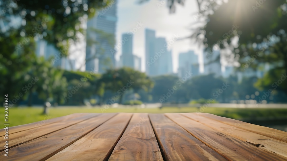 Aufkleber empty wooden table with blurred city park on background : generative ai