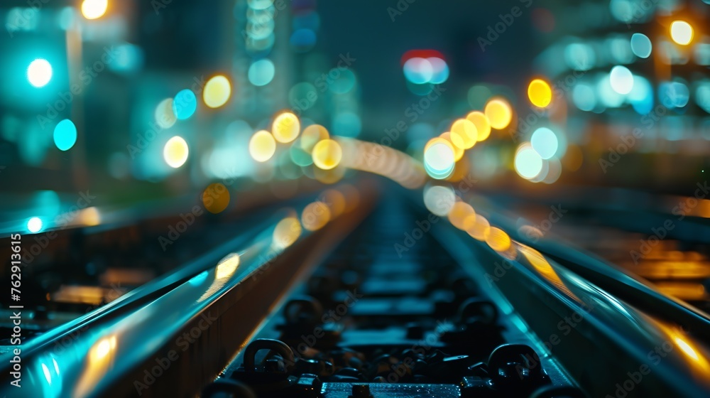Aufkleber double exposure train track with blurred light city office building night view abstract background :