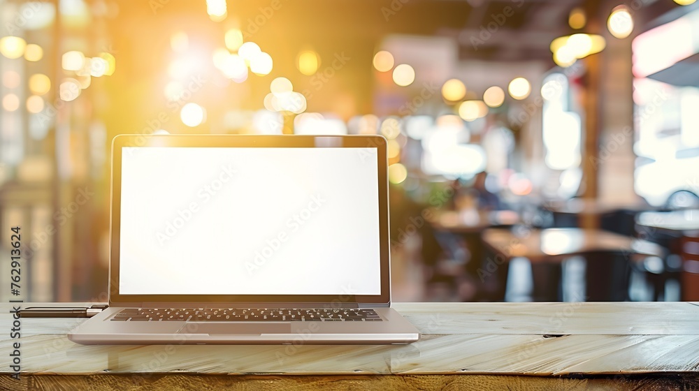 Poster laptop with blank screen on wood table with cafe coffee shop blur background : generative ai