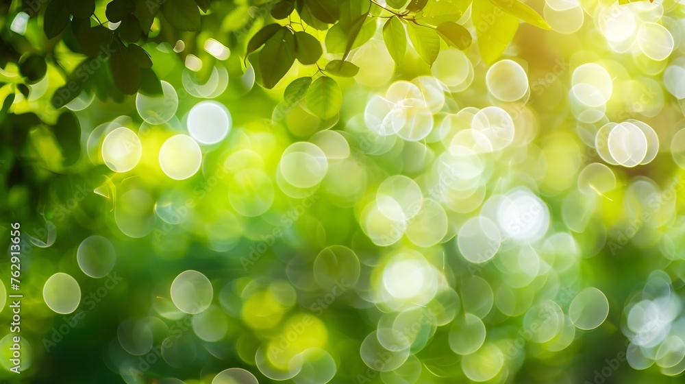 Wall mural Green color abstract blur bokeh background from tree and light in natural garden : Generative AI