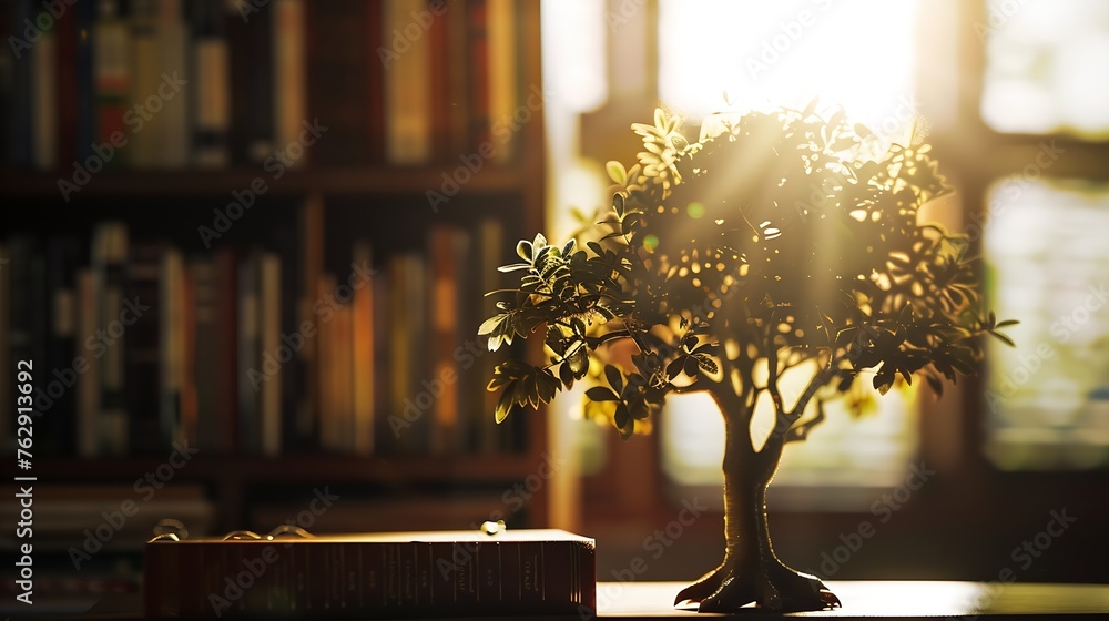 Poster wooden tree with books on blur background of library with bookshelf flawless : generative ai