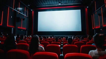 Fototapeta premium Cinema blank screen and people in red chairs in the cinema hall Blurred People silhouettes watching movie performance : Generative AI