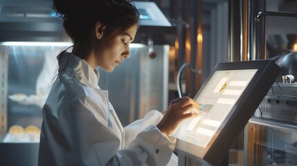 Busy female worker in sterile clothes choosing program on touch screen while operating manufacturing machine producing packaged food : Generative AI - obrazy, fototapety, plakaty