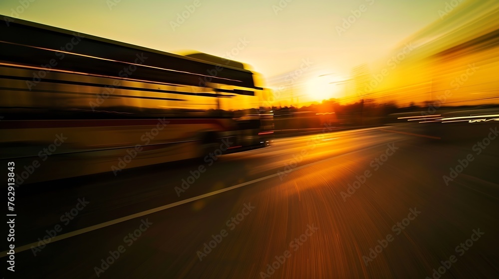 Poster bus driving moving at high motion blur effect speed on a road in the sunset : generative ai