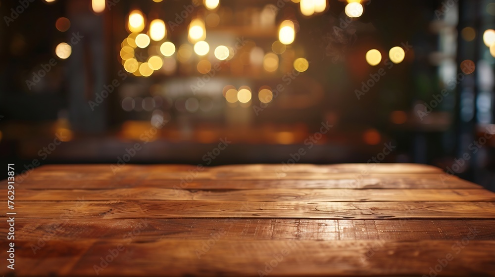 Aufkleber Empty brown wooden table and blur background of resturant lights can be used for montage or display your products with copy space business concept : Generative AI