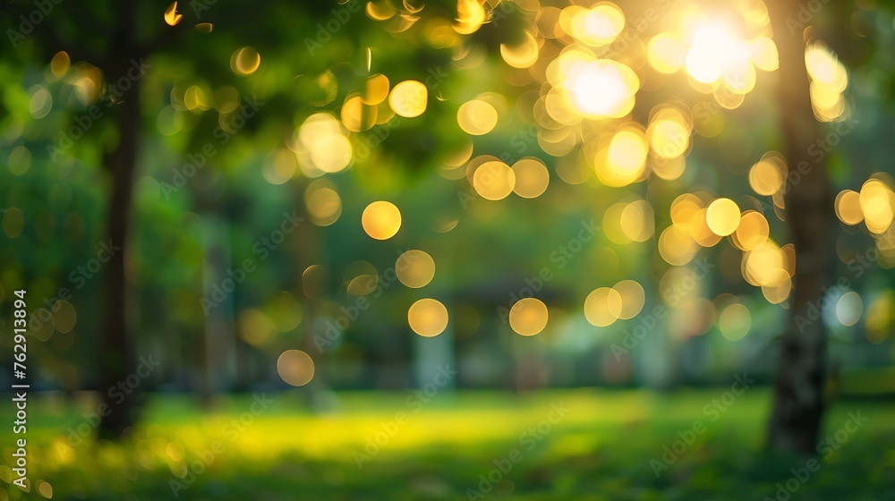 Poster blur nature bokeh green park by beach and tropical coconut trees in sunset time : generative ai