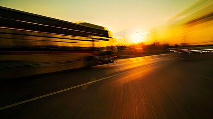 Bus driving moving at high motion blur effect speed on a road in the sunset : Generative AI