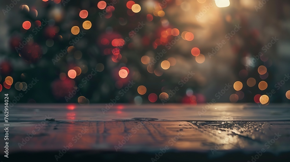 Aufkleber Empty table in front of christmas tree with decoration background : Generative AI