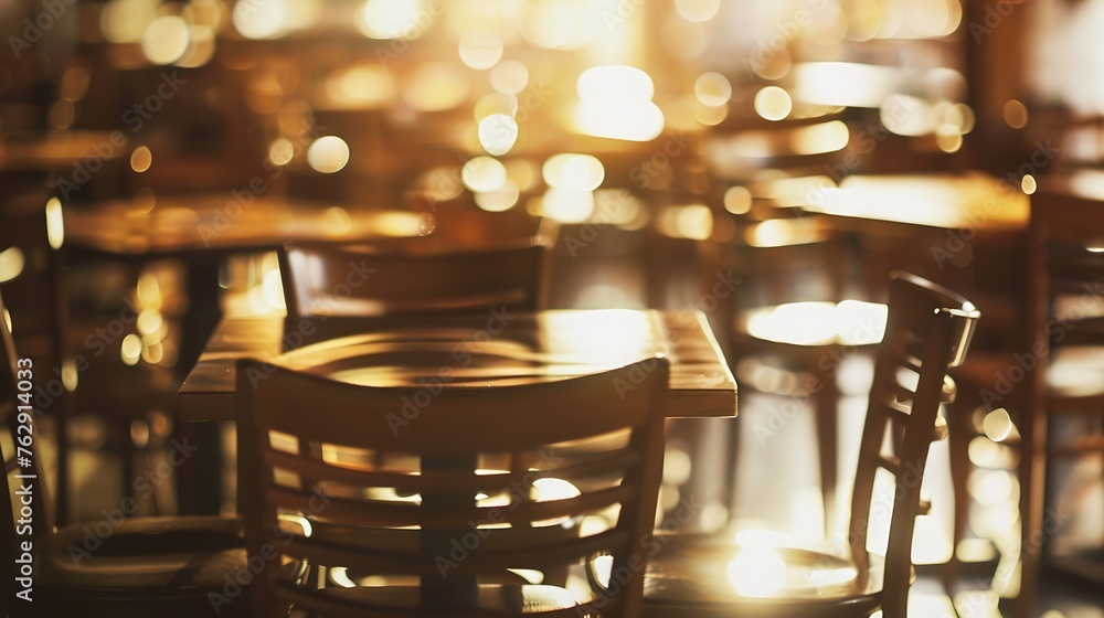 Poster Blurred bokeh of the dining tables and chairs in vintage style image : Generative AI