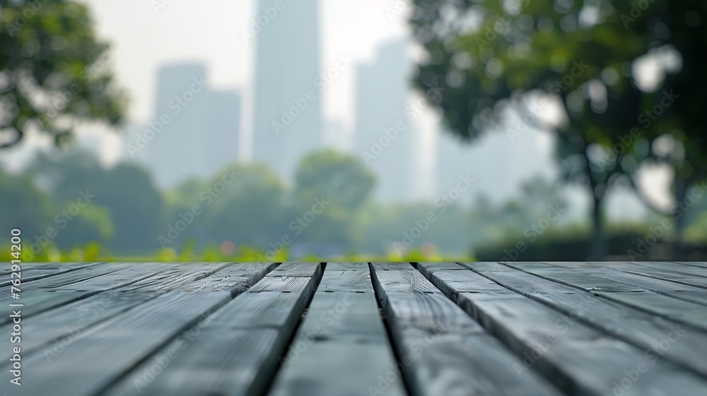 Poster empty wooden table with blurred city park on background : generative ai