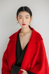 Portrait of a pretty young woman super model of Chinese ethnicity draped in a luxurious red cashmere coat over a sleek black dress, accessorized with gold jewelry and a statement clutch