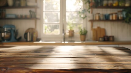 Wooden table on blurred background of kitchen window and shelves : Generative AI - obrazy, fototapety, plakaty