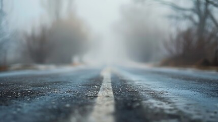 Selective blur on an smoggy foggy empty road street in the village of Vladimirovac in Vojvodina Banat Serbia in the countryside with a smog and fog during a cold freezing evening dusk  : Generative AI - obrazy, fototapety, plakaty