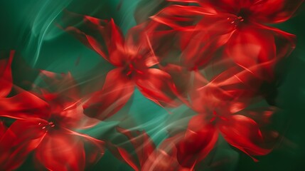 Whirling abstract pattern of red flowers with a blurred motion effect against a green background : Generative AI
