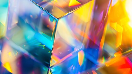Abstract background with closeup shot of glossy crystal block with multicolored gradient reflection...