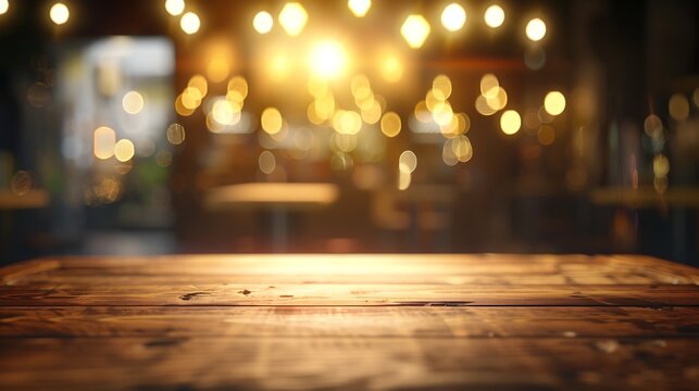 Empty wooden table top with lights bokeh on blur restaurant background : Generative AI