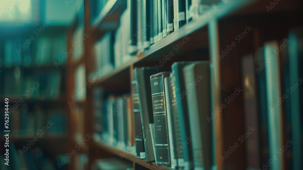 Poster blurred image for background of many books on bookshelf in library : generative ai