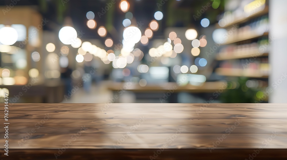 Poster table and blur background wooden counter over blur bokeh light background brown wood table top shelf