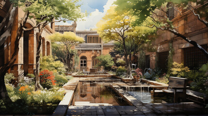 Watercolor illustration of a hidden courtyard, nestled among tall buildings, with a peaceful garden and seating areas, complete with arches and lush foliage. - obrazy, fototapety, plakaty