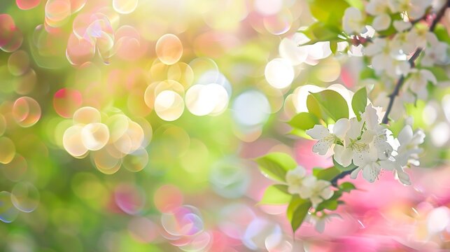 defocused bokeh background of garden with blossoming trees in sunny day backdrop summer time : Generative AI
