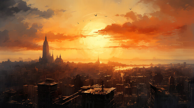 In the watercolor illustration, warm hues and silhouettes of buildings adorn the city skyline at sunset against the golden sky.