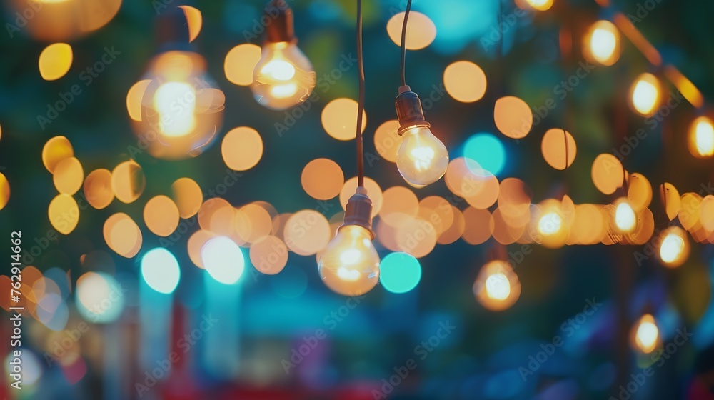 Poster vintage tone blur image of night festival in garden with bokeh for background usage : generative ai