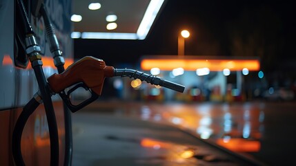 Holding a fuel nozzle against with gas station blurred background : Generative AI - obrazy, fototapety, plakaty