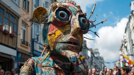 Giant puppet parade winding its way through the streets