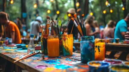 Group painting session where festival-goers can add their own touches