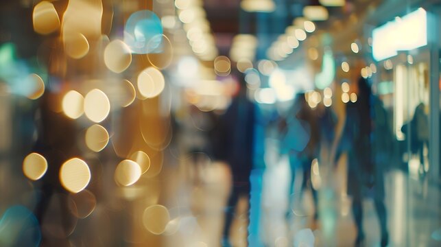 Blurred background with bokeh light in luxury fashion shopping mall with shop window and display modern model  from stores with women and men customer walking in walkway hallway in dep : Generative AI