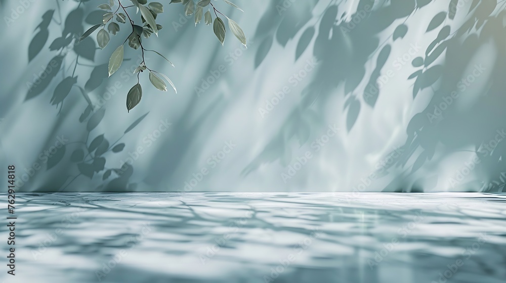 Poster Minimalistic light background with blurred foliage shadow on a light blue wall Beautiful background for presentation with with marble floor : Generative AI