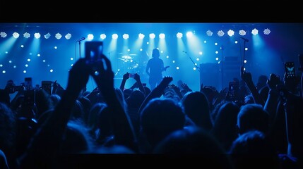 Vocalist in front of crowd on scene in stadium Bright stage lighting crowded dance floor Phone lights at concert Band blue silhouette crowd People with cell phone lights : Generative AI