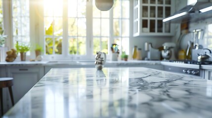 Close up photo of contemporary kitchen island with marble table top with kitchen blurry loose focal of a giant arch windows background : Generative AI - obrazy, fototapety, plakaty
