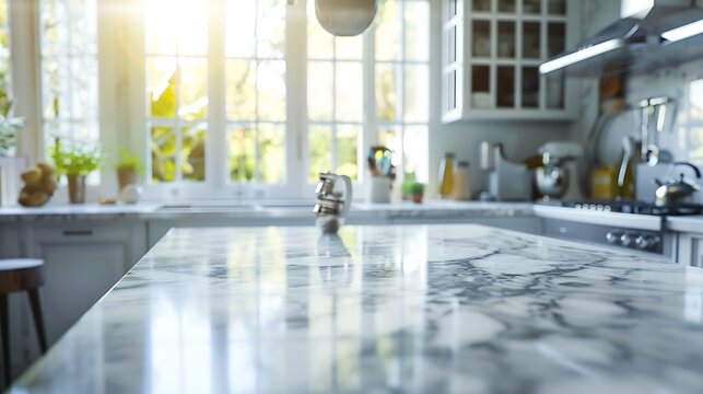 Close up photo of contemporary kitchen island with marble table top with kitchen blurry loose focal of a giant arch windows background : Generative AI