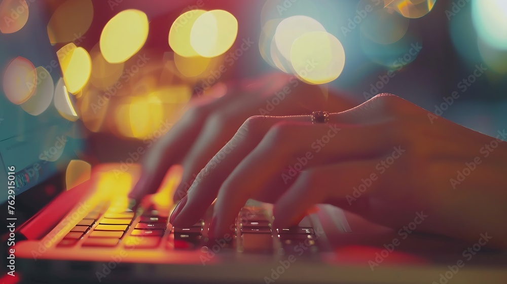 Aufkleber blurred female hands typing on keyboard laptop computer business education and programming concept :