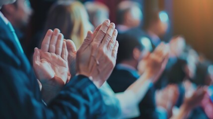 Inspired motivated business audience applauding coach after successful presentation thanking leader for meeting collaboration motivation giving positive feedback : Generative AI